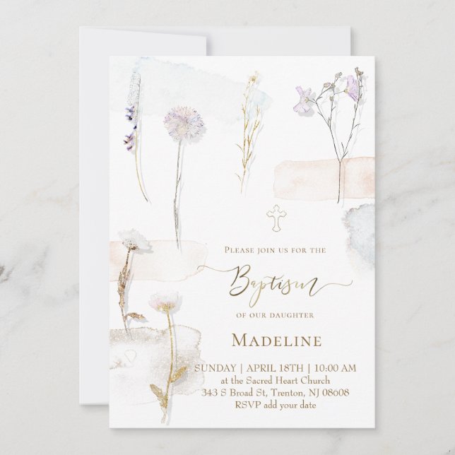 Convites watercolor pressed flowers Baptism (Frente)