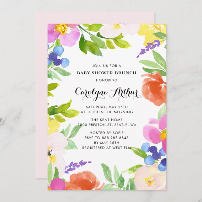 Convites Watercolor Primavera Blooms Chá de fraldas Brunch (Frente/Verso)