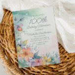 Convites Watercolor Primavera Floral 100º Aniversário<br><div class="desc">Bonito verde, amarelo e cor d'água cor-de-rosa 100º convite de aniversário para mulheres. Texto, fontes e texto são completamente personalizáveis, então, embora este cartão seja projetado para uma senhora que comemora seu centésimo aniversário, ele pode ser personalizado para qualquer idade. Entre em contato conosco para obter ajuda com a personalização...</div>