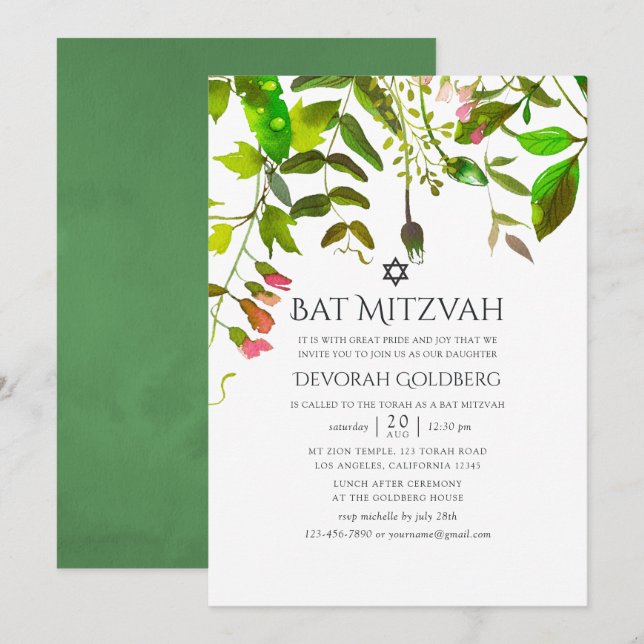 Convites Watercolor Primavera Greenery Bat Mitzvah (Frente/Verso)