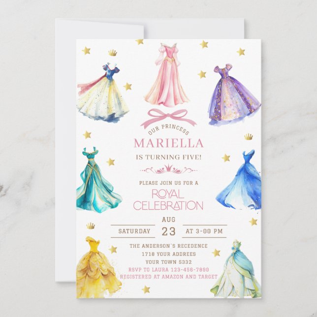 Convites Watercolor Princess  Dress Birthday is turning fiv (Frente)