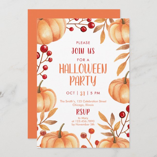 Convites Watercolor Pumpkins Halloween Party (Frente/Verso)