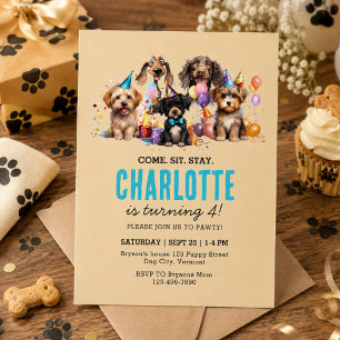 Convites Watercolor Puppy Pawty Dog Aniversário