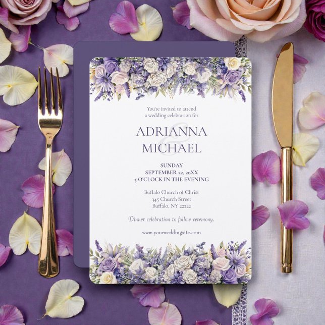 Convites Watercolor Purple Cream Floral Wedding Invitation (Criador carregado)