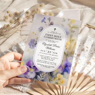 Convites Watercolor Purple e Yellow Primeira Comunhão Santa