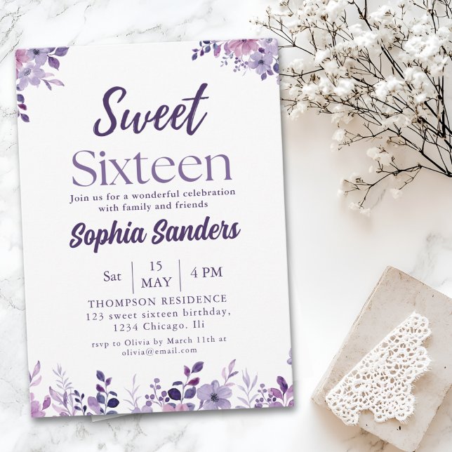 Convites Watercolor Purple Flowers Sweet Sixteen (Criador carregado)