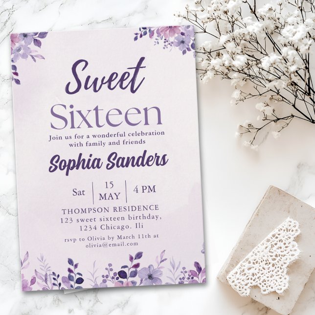Convites Watercolor Purple Flowers Sweet Sixteen (Criador carregado)