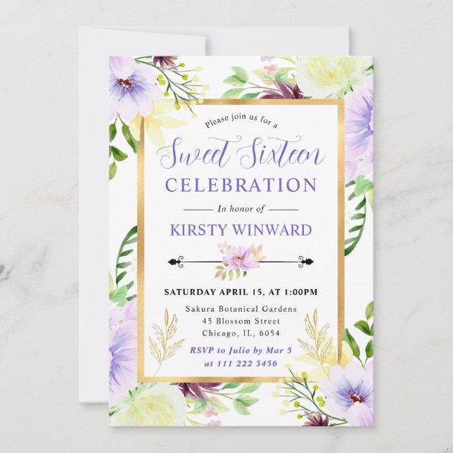 Convites Watercolor Purple Summer Flowers Sweet 16 (Frente)