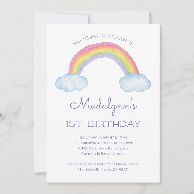 Convites Watercolor Rainbow Childa Virtual Online Birthday (Frente)