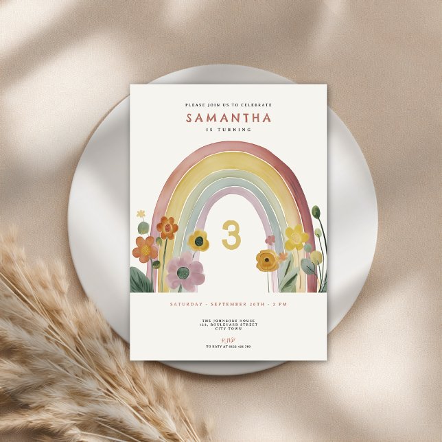 Convites Watercolor Rainbow Flowers 3rd Birthday Party (Criador carregado)