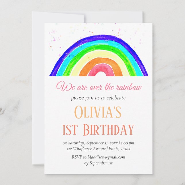 Convites Watercolor Rainbow Girly First Birthday (Frente)