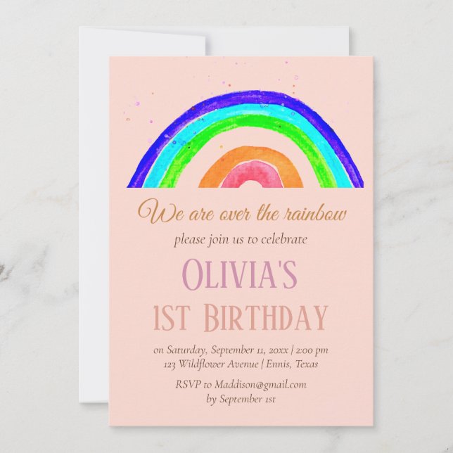 Convites Watercolor Rainbow Girly First Birthday (Frente)