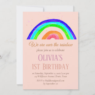 Convites Watercolor Rainbow Girly First Birthday