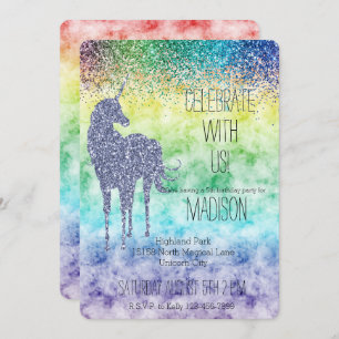 Convites Watercolor Rainbow Purple Glitter Unicorn