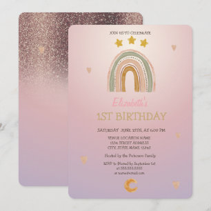 Convites Watercolor Rainbow Stars Hears Glitter Birday