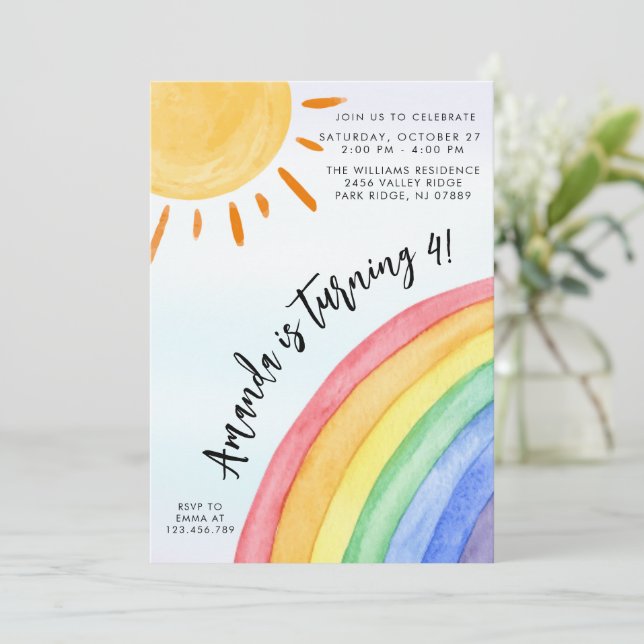 Convites Watercolor Rainbow Sunshine Aniversário (Em pé/Frente)