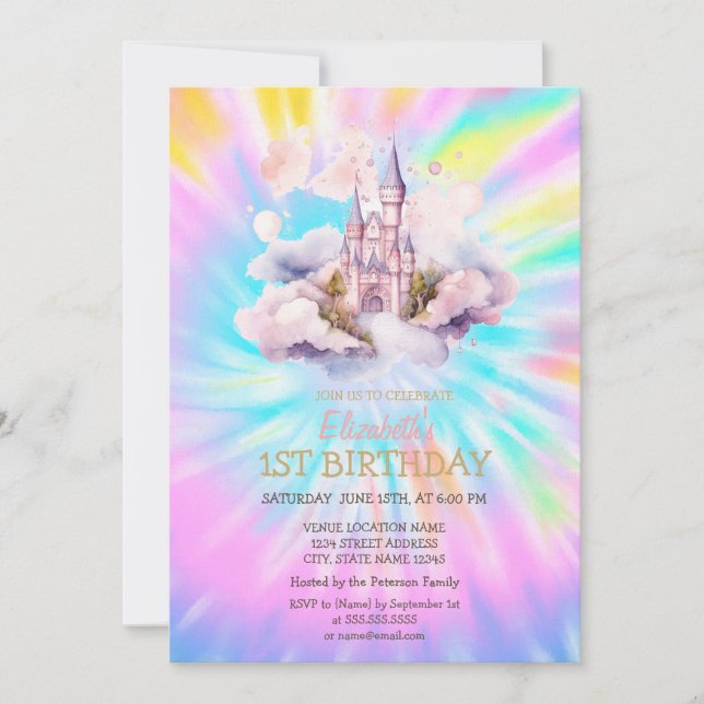 Convites Watercolor Rainbow Tie Dye Castle Birthday (Frente)