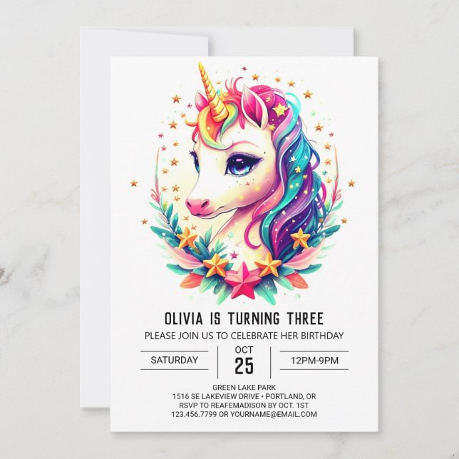 Convites Watercolor Rainbow Unicorn Birthday (Frente)