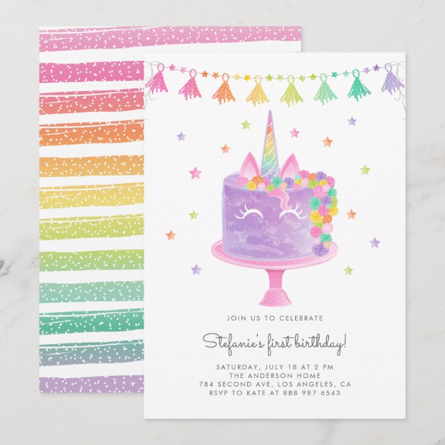 Convites Watercolor Rainbow Unicorn Cake First Birday (Frente/Verso)