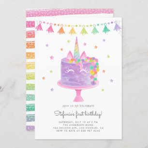 Convites Watercolor Rainbow Unicorn Cake First Birday