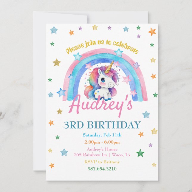 Convites Watercolor Rainbow Unicorn Girl Birthday (Frente)