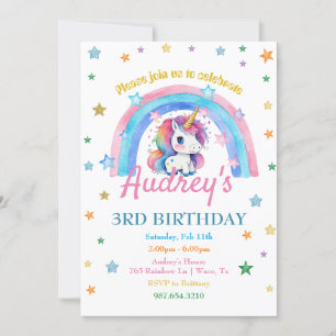 Convites Watercolor Rainbow Unicorn Girl Birthday
