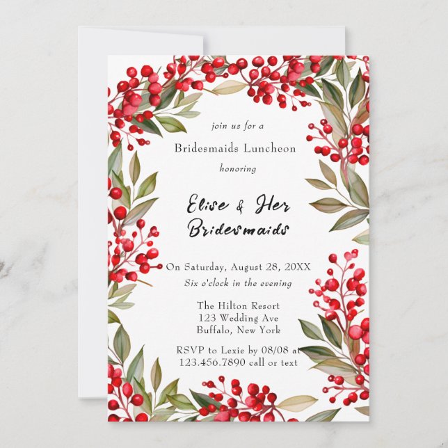 Convites Watercolor Red Berry Wreath Bridesmaids Luncheids (Frente)