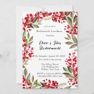 Convites Watercolor Red Berry Wreath Bridesmaids Luncheids