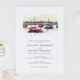 Convites Watercolor Red Blue Sailboat Harbor Casamento no O