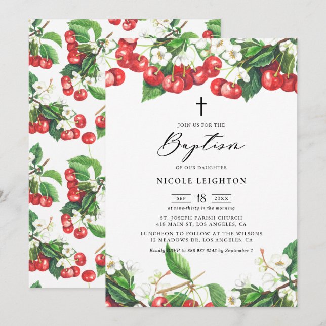 Convites Watercolor Red Cherries Garland Baptism (Frente/Verso)