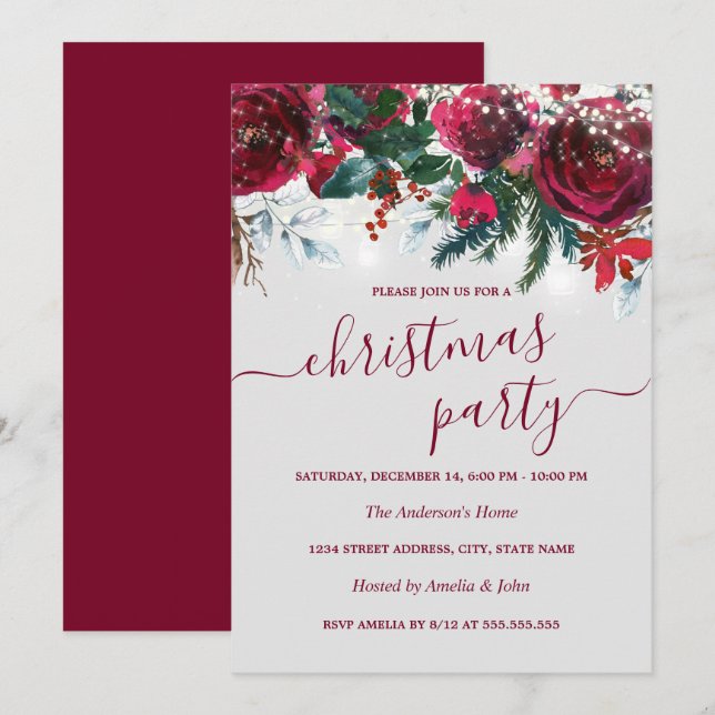 Convites Watercolor Red Floral Christmas Party (Frente/Verso)