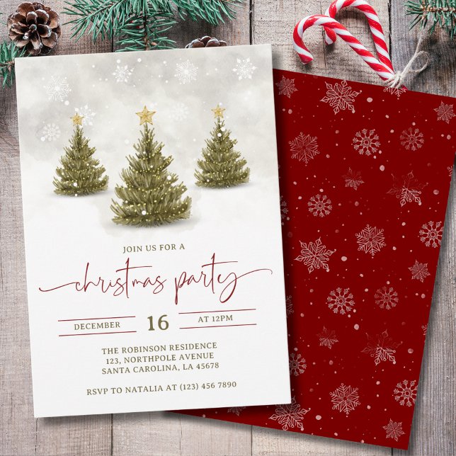 Convites Watercolor Red Green Pine Trees Christmas Party  (Criador carregado)