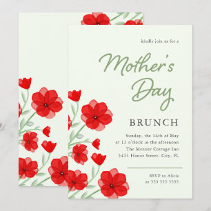 Convites Watercolor Red Poppy Floral Dia de as mães Brunch