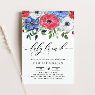 Convites Watercolor Red, White e Blue Anemone Baby Brunch
