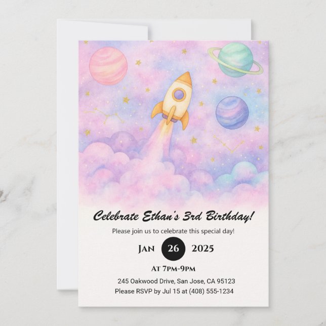 Convites Watercolor Rocket & Dreamy Galaxy Birthday  (Frente)