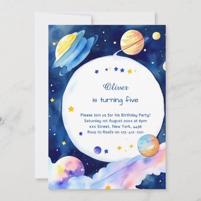 Convites Watercolor Rocket Galactic Birthday (Frente)