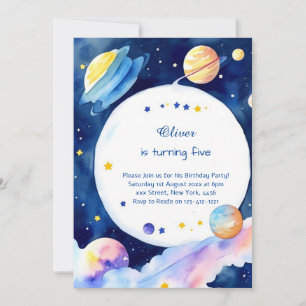 Convites Watercolor Rocket Galactic Birthday