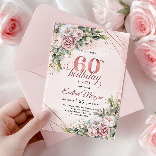 Convites Watercolor Rose Gold Eucalyptus 60th Birthday  (Watercolor Rose Gold Eucalyptus 60th Birthday Invite)