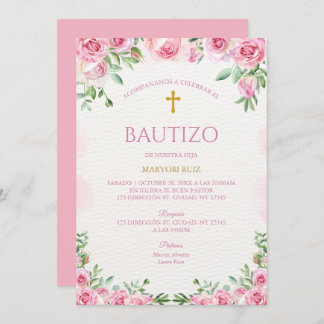 Convites Watercolor Rose Pink Floral Girl Baptism