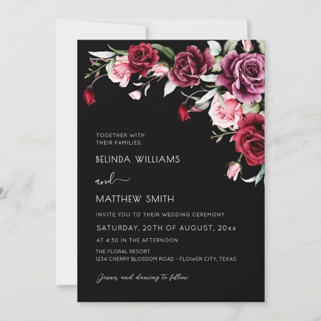 Convites Watercolor Roses Black Background | Photo Wedding (Frente)