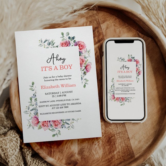 Convites Watercolor Roses & Eucalyptus Baby Shower (Criador carregado)