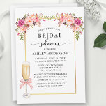 Convites Watercolor Roses Floral Pink Bow Bridal Shower<br><div class="desc">Elegant Watercolor Pink White Floral Bridal Shower Invitation includes pink roses and greenery. Champagne Glass with Pink Blush Coquette Bow Ribbon. Gold Frame. Modern Calligraphy Script.</div>