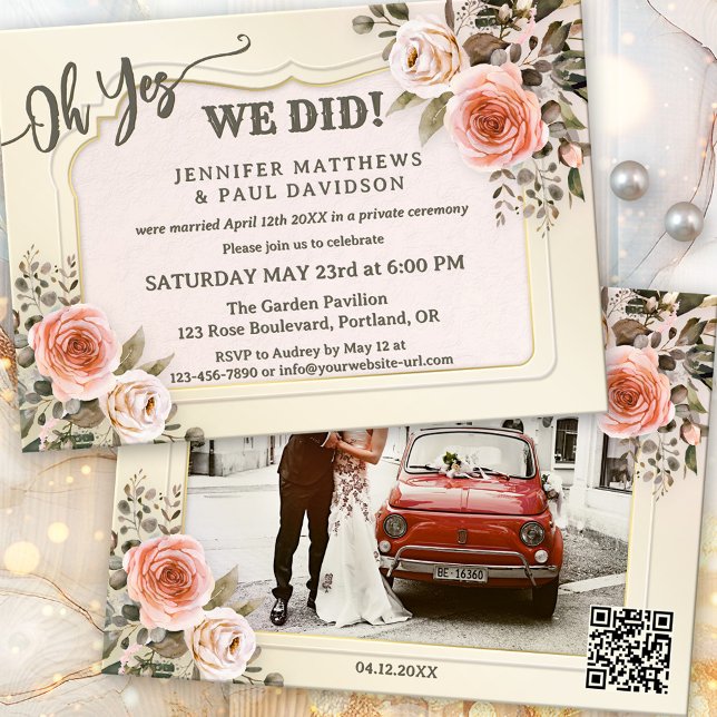 Convites Watercolor Roses Photo After Wedding (Boho chic after wedding party invitation featuring blush pink watercolor roses and your photo + QR)