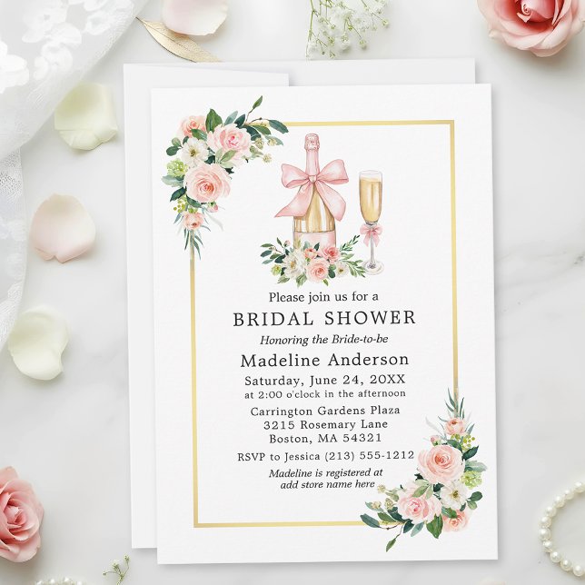 Convites Watercolor Roses Pink Bow Bridal Shower (Customize to add more text to back of card.)