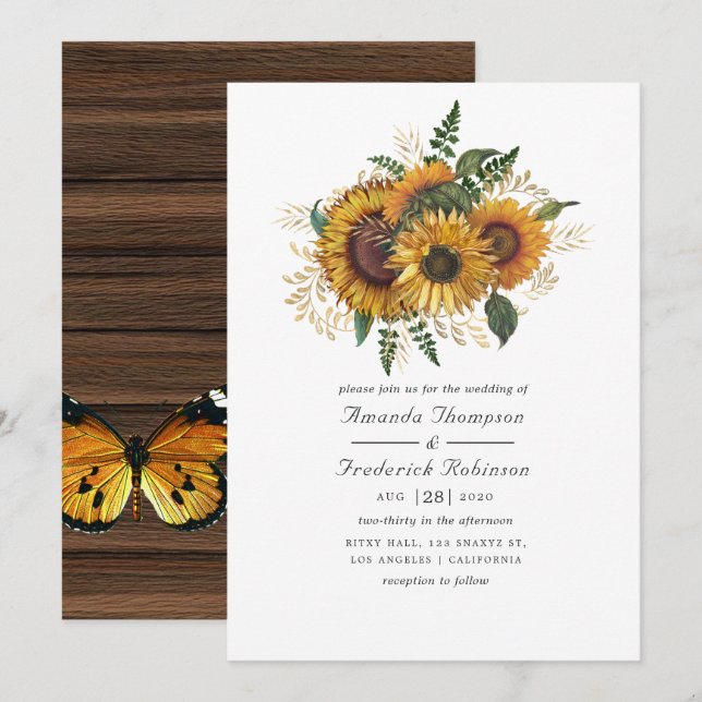 Convites Watercolor Rustic Autumn - Fall Sunflower Wed (Frente/Verso)