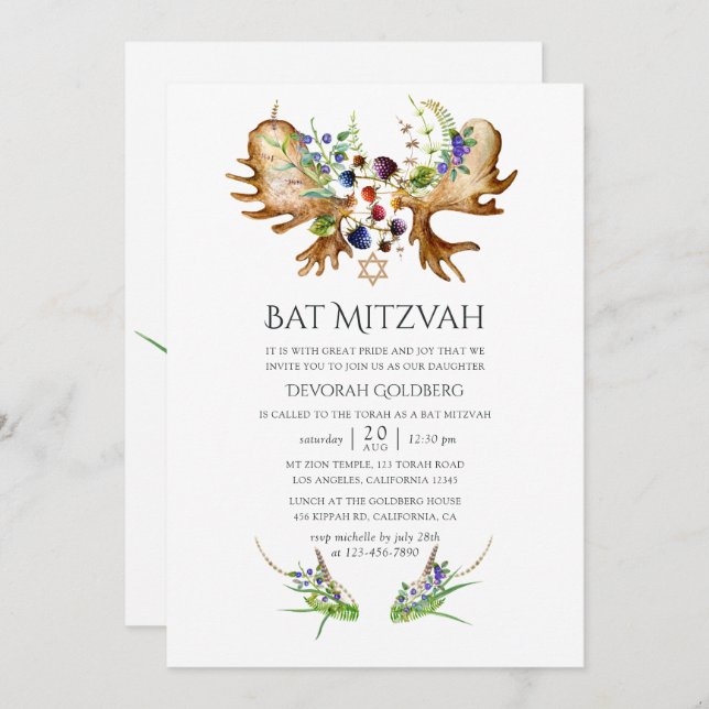 Convites Watercolor Rustic Forest Bat Mitzvah (Frente/Verso)