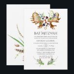 Convites Watercolor Rustic Forest Bat Mitzvah<br><div class="desc">Trendy willland bat mitzvah convite com buquês pintados à mão de aquarelas - mirtilo,  amora negra e alperce,  pínus,  samambas,  penas,  penas e chifres de alce.</div>