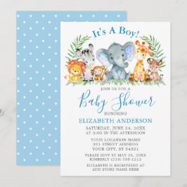 Convites Watercolor Safari Animais Bolinhas Chá Azul