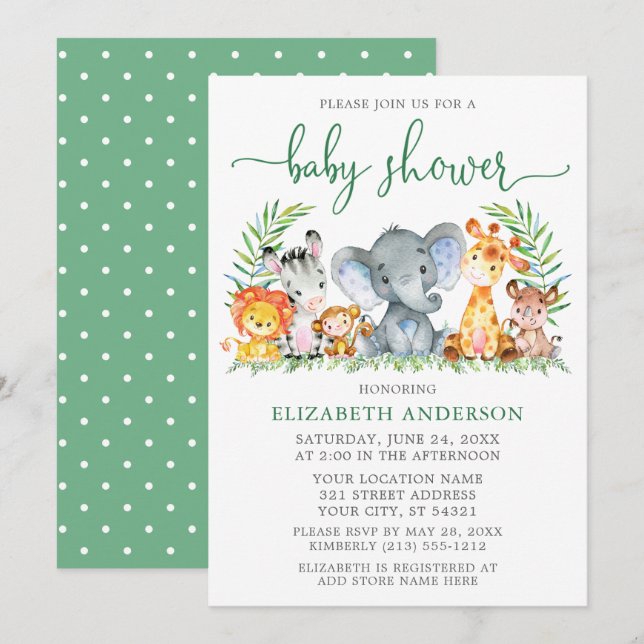 Convites Watercolor Safari Animais Chá de fraldas Roteiro V (Frente/Verso)