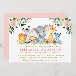 Convites Watercolor Safari Animais Rosa Dourados Flóridos